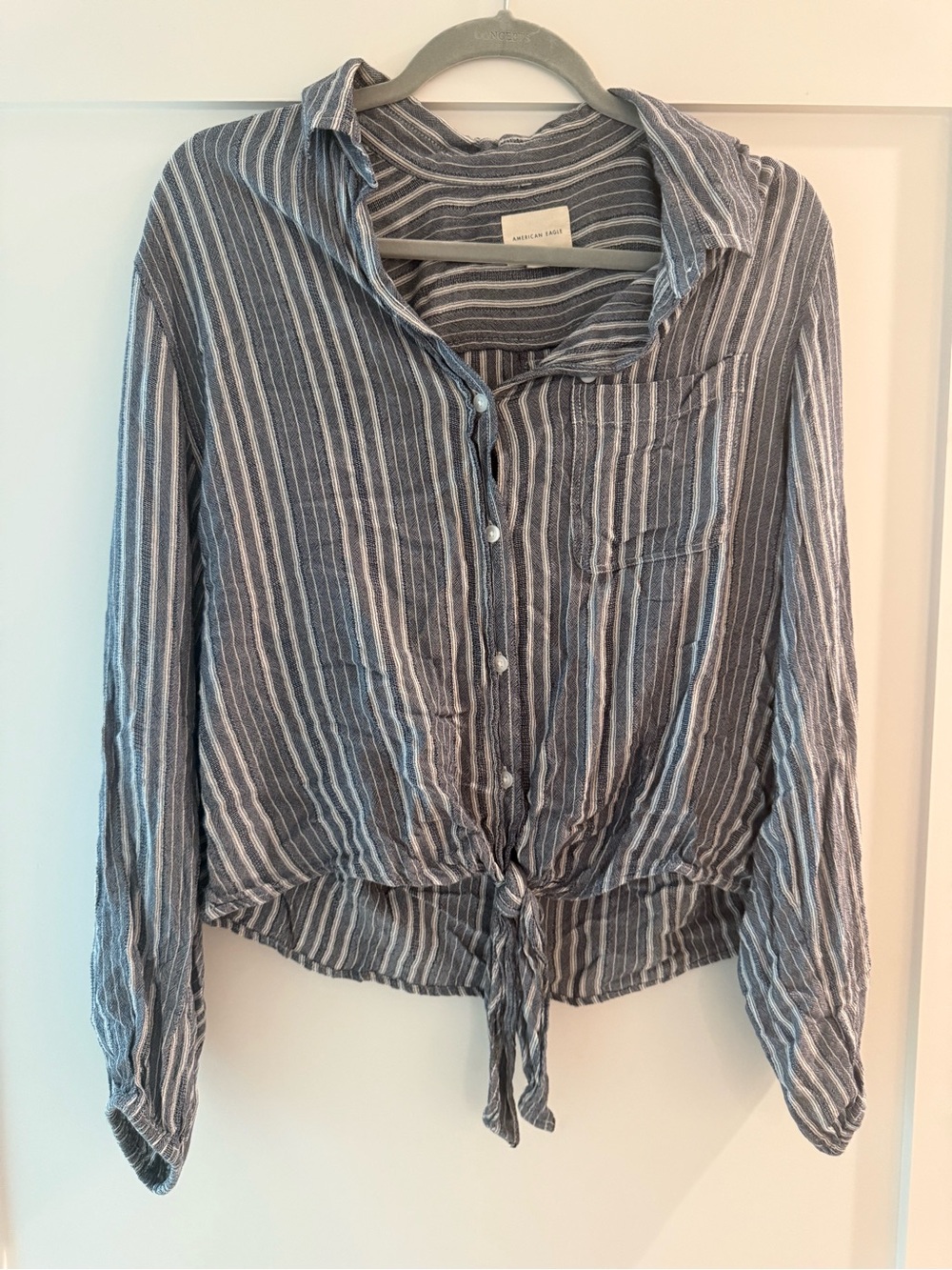 American Eagle Outfitters Blue and White Striped Tie-Front Button Down Shirt